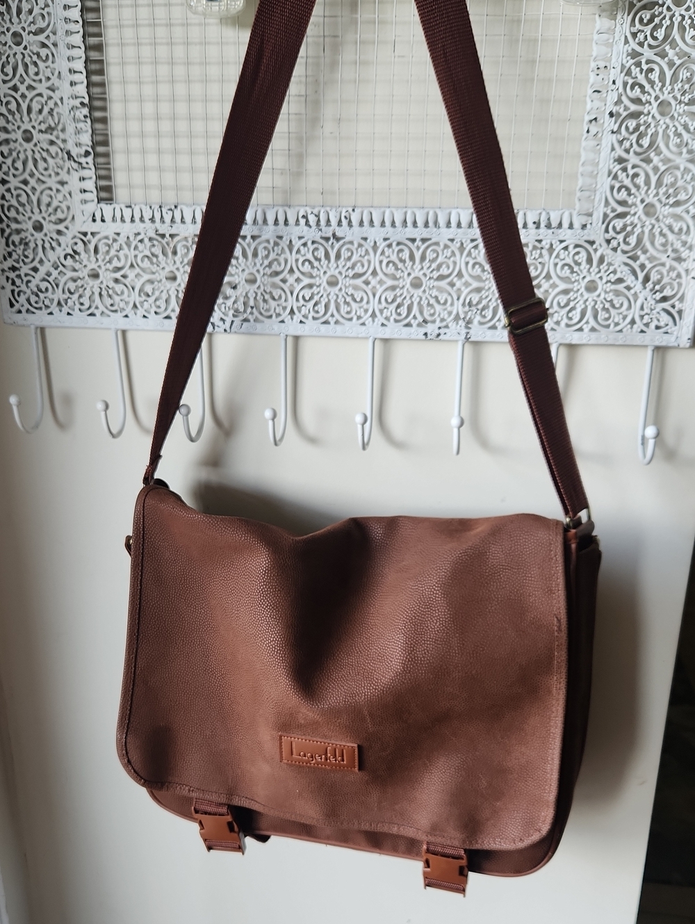 Karl Lagerfeld Brown Vegan Leather Suede Messenger Bag Adjustable Strap